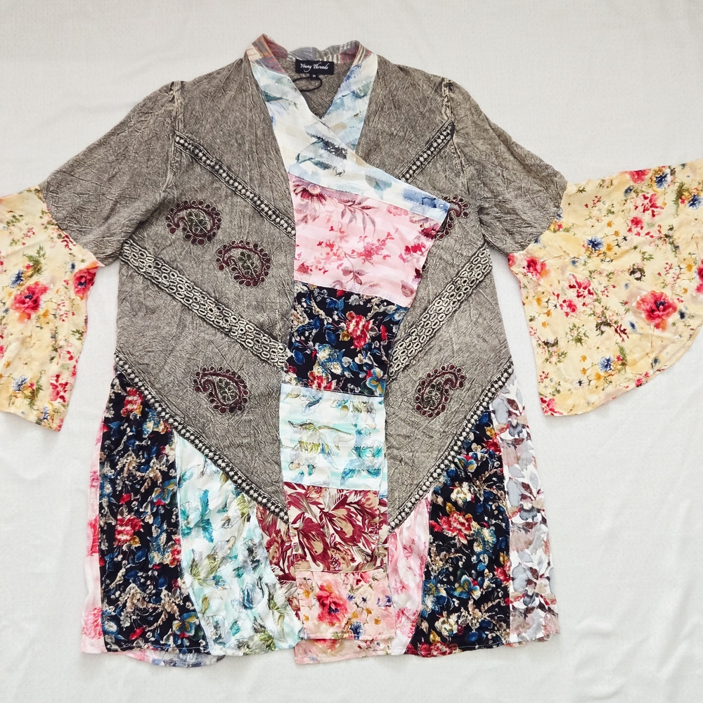 Young Threads Floral Patchwork Kimono Cardigan Women's M Multicolor Paisley Chic